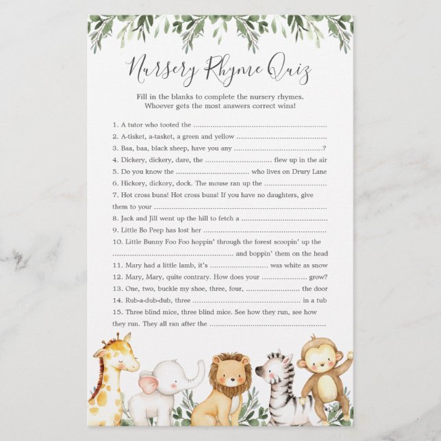 Safari Animals Baby Shower Nursery Rhyme Quiz Game (Front)