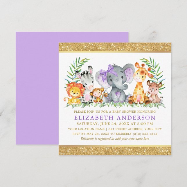 Safari Animals Baby Shower Violet Bow Glitter Sq Invitation (Front/Back)