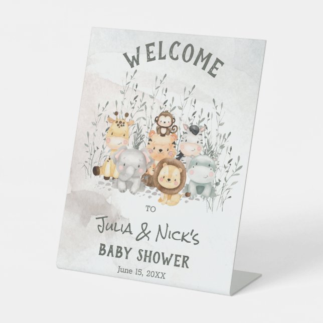 Safari Animals Baby Shower Welcome Pedestal Sign (Front)