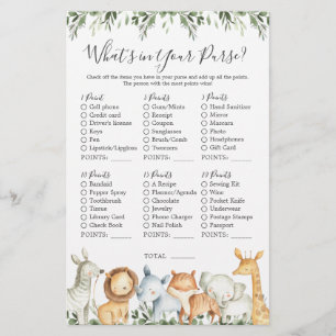 Safari Animals Baby Shower What's in Your Purse