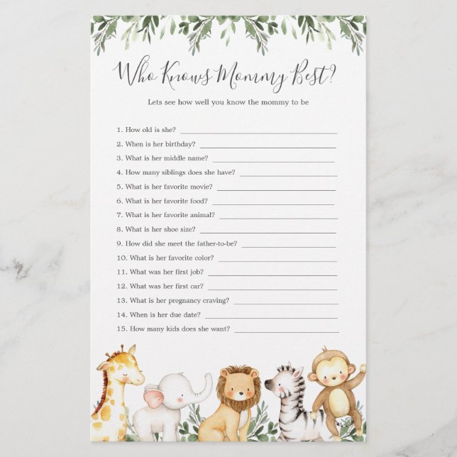Safari Animals Baby Shower Who Knows Mommy Best (Front)