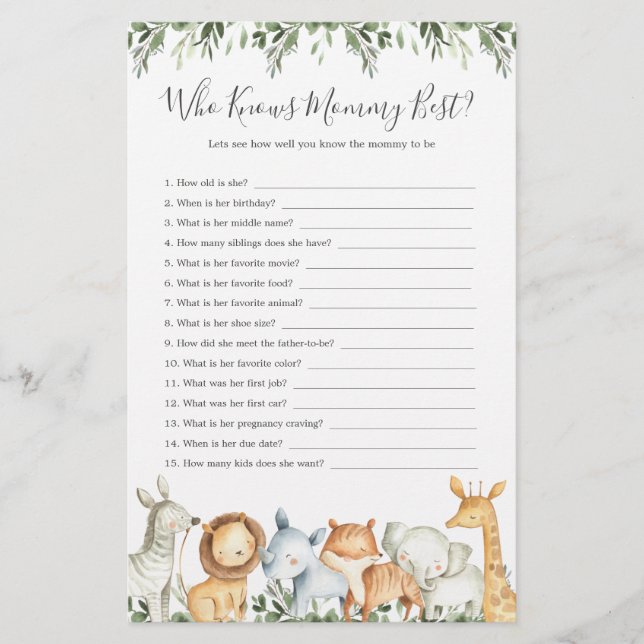 Safari Animals Baby Shower Who Knows Mommy Best (Front)