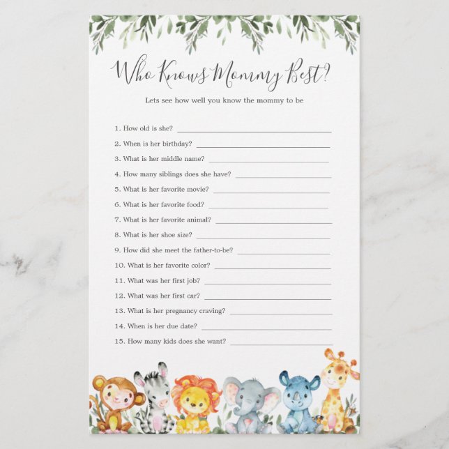Safari Animals Baby Shower Who Knows Mommy Best (Front)