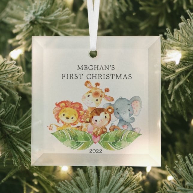 Safari Animals Baby's First Christmas Glass Ornament (Insitu)