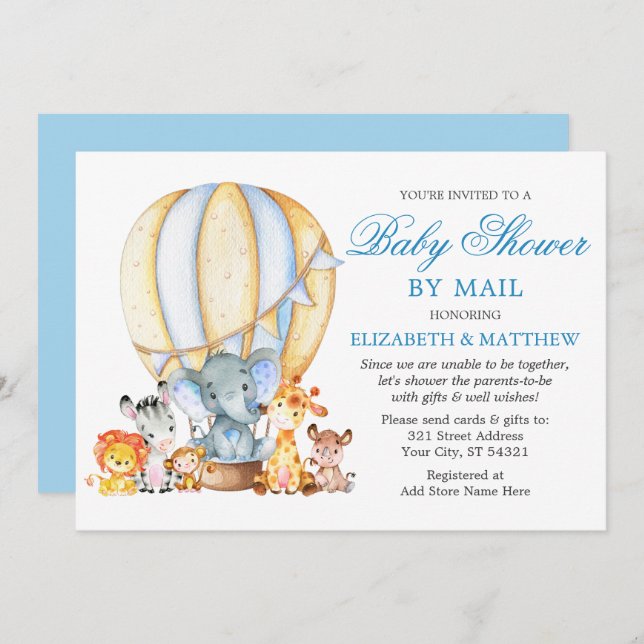 Safari Animals Balloon Blue Baby Shower by Mail Invitation (Front/Back)