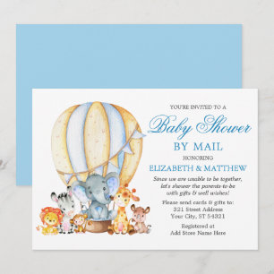 Safari Animals Balloon Blue Baby Shower by Mail Invitation