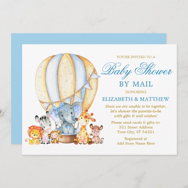 Safari Animals Balloon Blue Bow Shower by Mail Invitation (Front/Back)