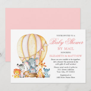 Safari Animals Balloon Pink Baby Shower by Mail Invitation