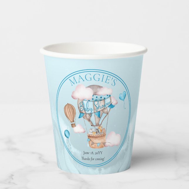 Safari Animals Balloons Blue Boy Baby Shower Paper Cups (Front)