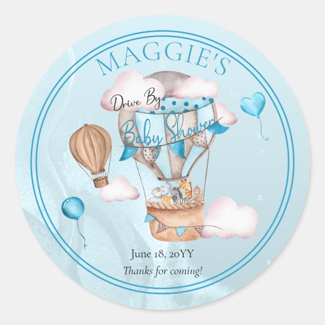 Safari Animals Balloons Drive By Boy Baby Shower Classic Round Sticker (Front)