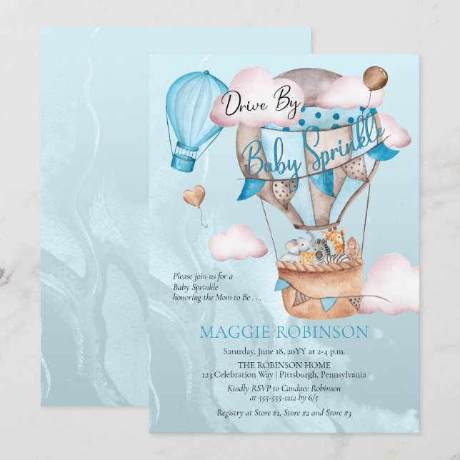 Safari Animals Balloons Drive By Boy Baby Sprinkle Invitation (Front/Back)
