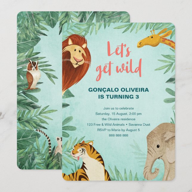 Safari Animals Birthday Jungle Party Boy Lets Wild Invitation (Front/Back)