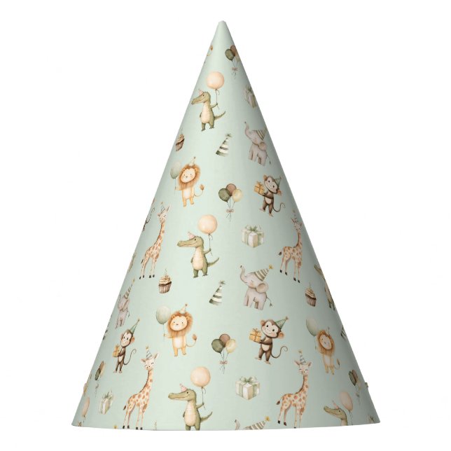 Safari Animals Birthday Party Hat 1st Jungle Green (Front)