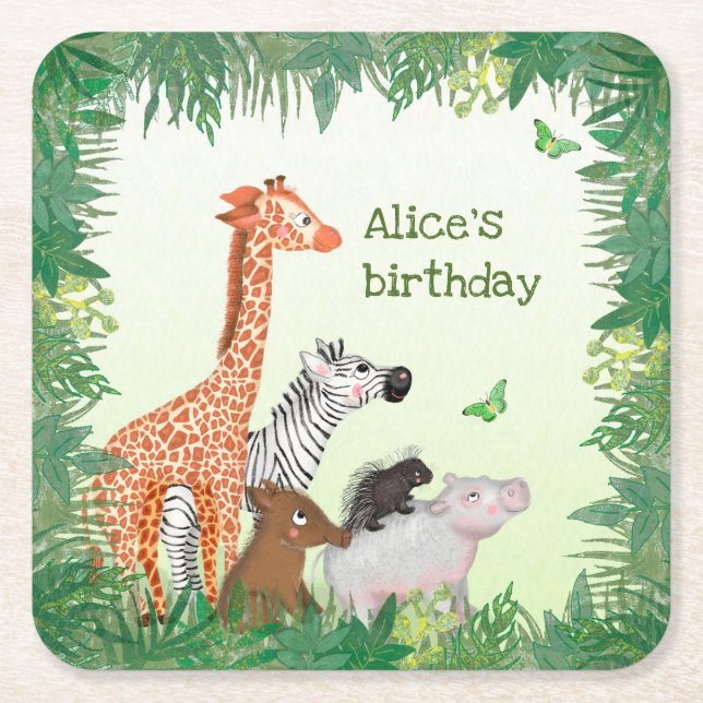 Safari animals birthday party square paper coaster (Front)