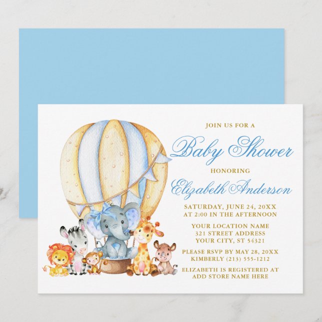 Safari Animals Blue Bow Air Balloon Baby Shower Invitation (Front/Back)