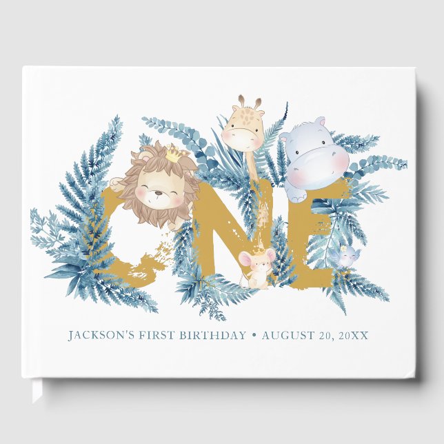 Safari Animals Blue Boy First Birthday Guest Book (Front)