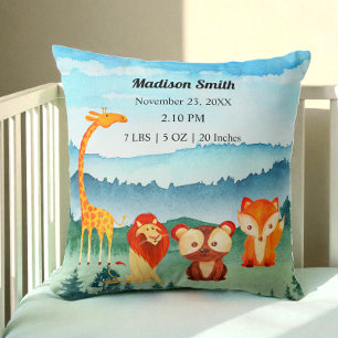 Safari Animals Blue Green Birth Stats Throw Pillow