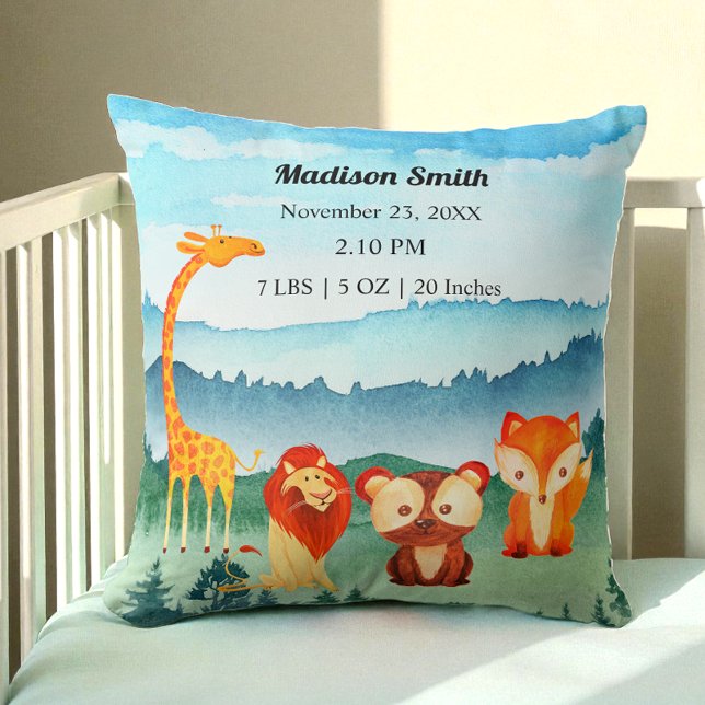 Safari Animals Blue Green Birth Stats Throw Pillow (Creator Uploaded)