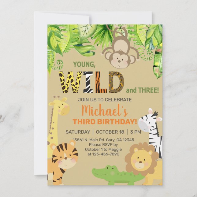 Safari animals boy 3rd third birthday invite. invitation (Front)