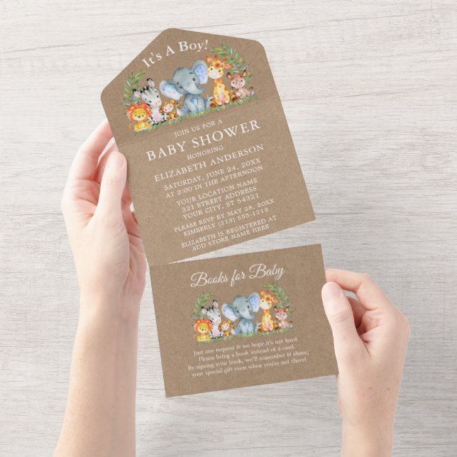 Safari Animals Boy Baby Shower and Books Kraft All In One Invitation (Tearaway)