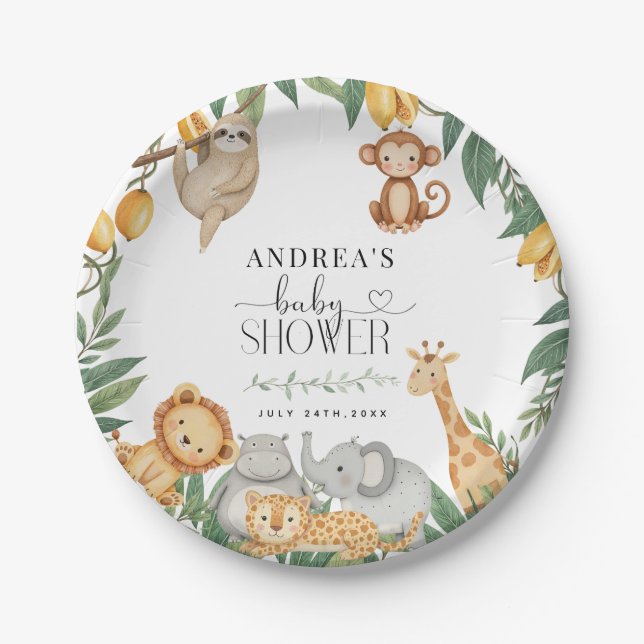 Safari Animals Calligraphy Baby Shower  Paper Plate (Front)