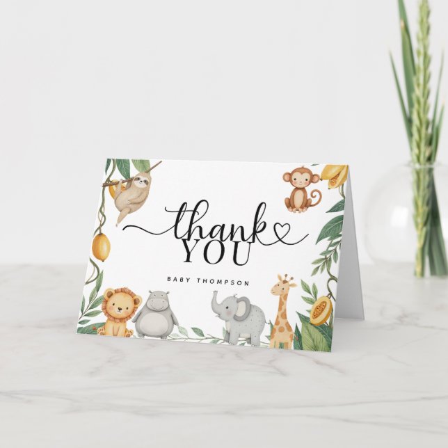 Safari Animals Calligraphy Baby Shower  Thank You Card (Front)