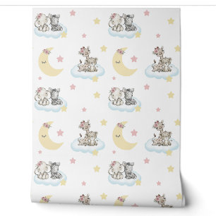 Safari Animals Clouds Stars Moon Baby Girl Nursery Wallpaper