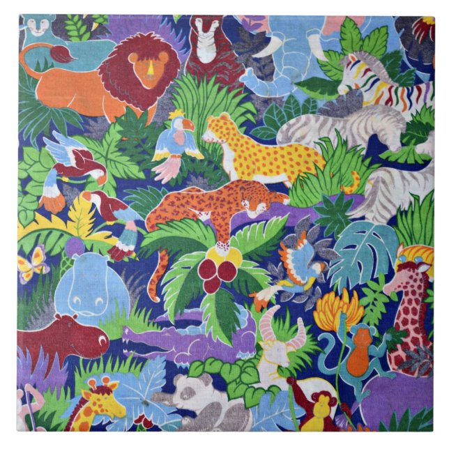 Safari animals colourful pattern ceramic tile (Front)