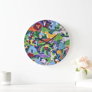 Safari Animals, colourful pattern, Large Clock