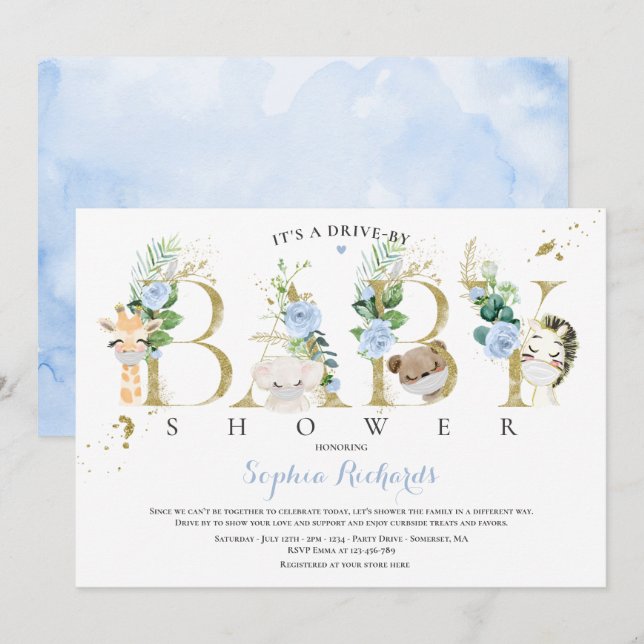 Safari Animals Drive By Baby Shower Greenery Blue Invitation (Front/Back)