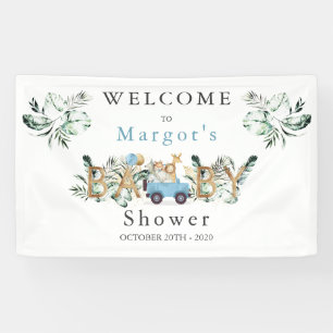 Safari Animals Drive By Baby Shower Greenery Gold Banner