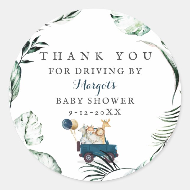 Safari Animals Drive By Baby Shower Greenery Gold Classic Round Sticker (Front)
