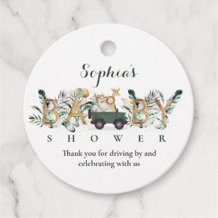 Safari Animals Drive By Baby Shower Greenery Gold Favour Tags