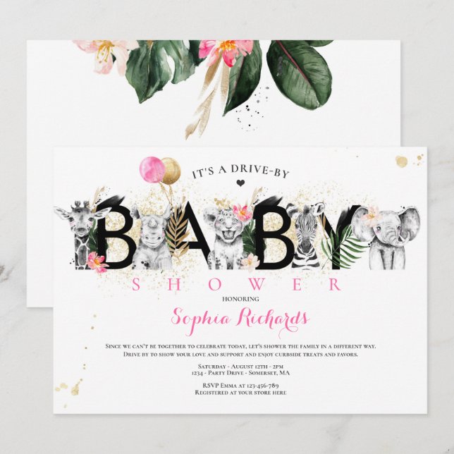 Safari Animals Drive By Baby Shower Greenery Gold Invitation (Front/Back)