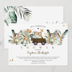 Safari Animals Drive By Baby Shower Greenery Gold Invitation