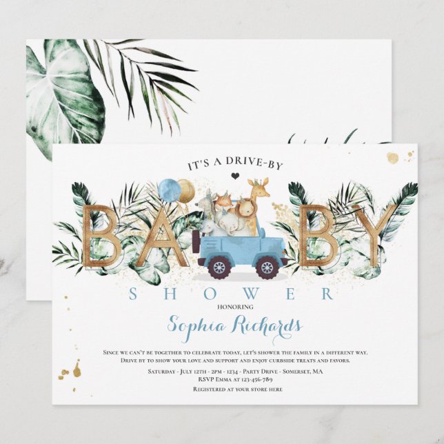 Safari Animals Drive By Baby Shower Greenery Gold Invitation (Front/Back)