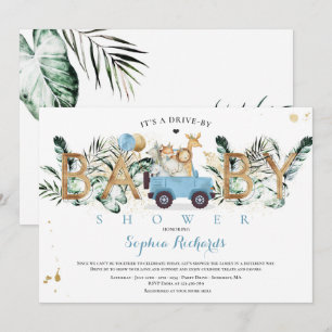 Safari Animals Drive By Baby Shower Greenery Gold Invitation