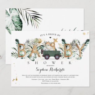 Safari Animals Drive By Baby Shower Greenery Gold Invitation