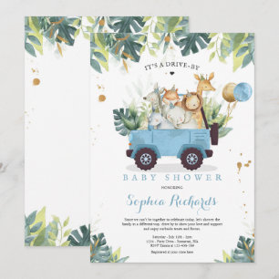 Safari Animals Drive By Baby Shower Greenery Gold Invitation