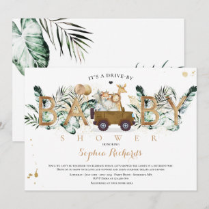 Safari Animals Drive By Baby Shower Greenery Gold Invitation