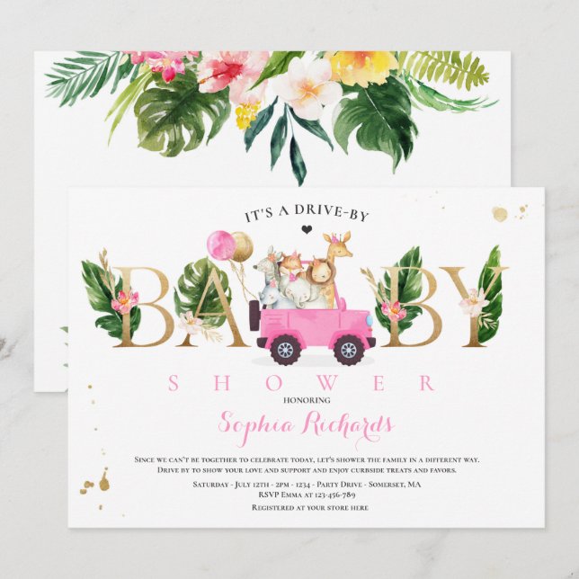 Safari Animals Drive By Baby Shower Greenery Gold Invitation (Front/Back)