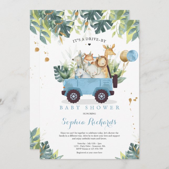Safari Animals Drive By Baby Shower Greenery Gold Invitation (Front/Back)
