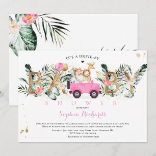 Safari Animals Drive By Baby Shower Greenery Gold Invitation