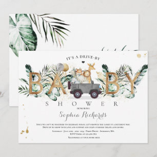 Safari Animals Drive By Baby Shower Greenery Gold Invitation