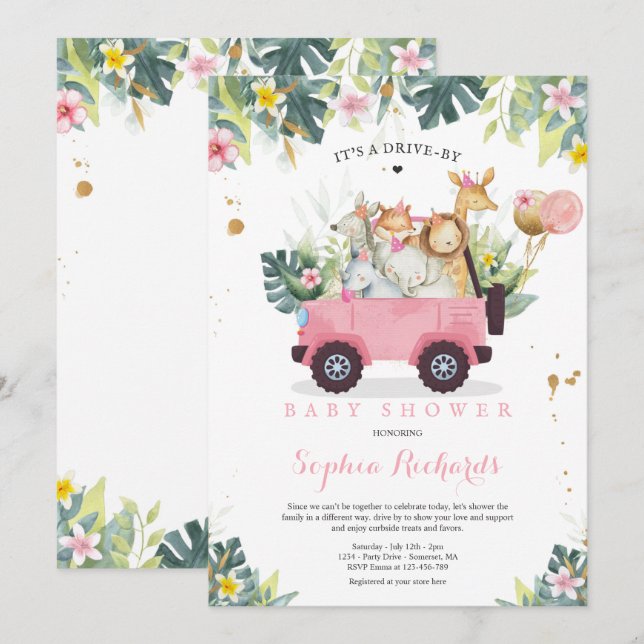 Safari Animals Drive By Baby Shower Greenery Gold Invitation (Front/Back)