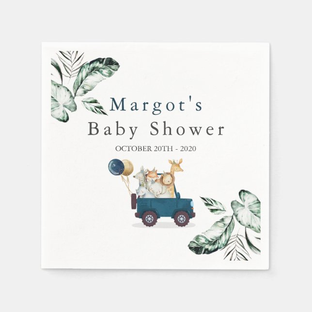 Safari Animals Drive By Baby Shower Greenery Gold Napkin (Front)