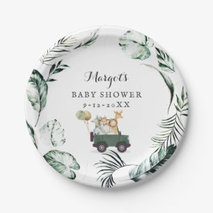 Safari Animals Drive By Baby Shower Greenery Gold Paper Plate