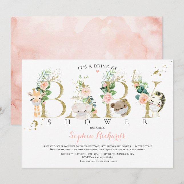 Safari Animals Drive By Baby Shower Greenery Pink Invitation (Front/Back)