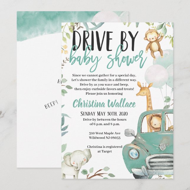 Safari Animals Drive By Baby Shower Invitations (Front/Back)