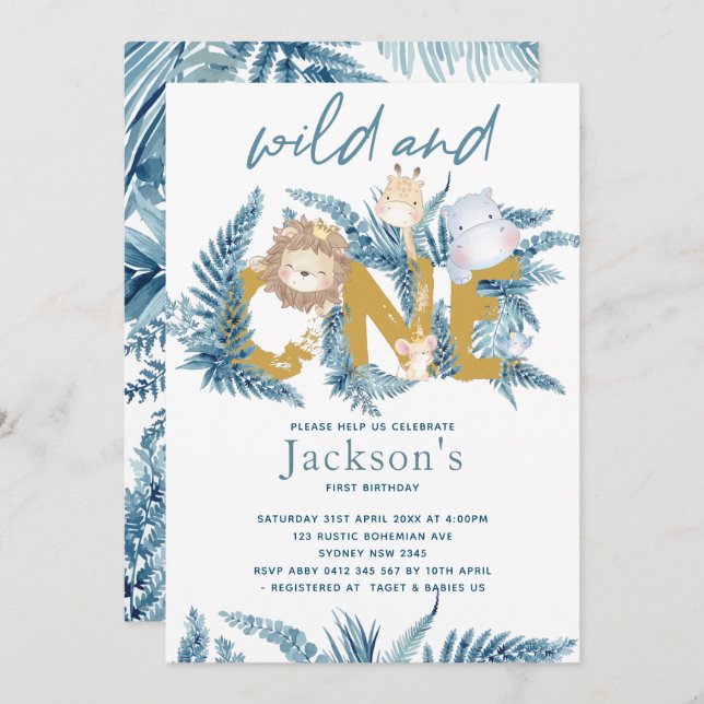 Safari Animals Exotic First Birthday Invitation (Front/Back)